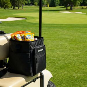 black branded cooler bag on a golf cart near a greeen