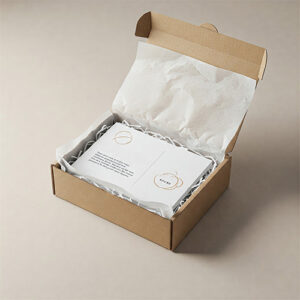 custom packaging white cards in brown box with white fluff