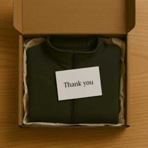 black jacket in custom brown box with thank you card