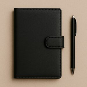 Black magnetic-close leather notebook with matching gel pen on beige background